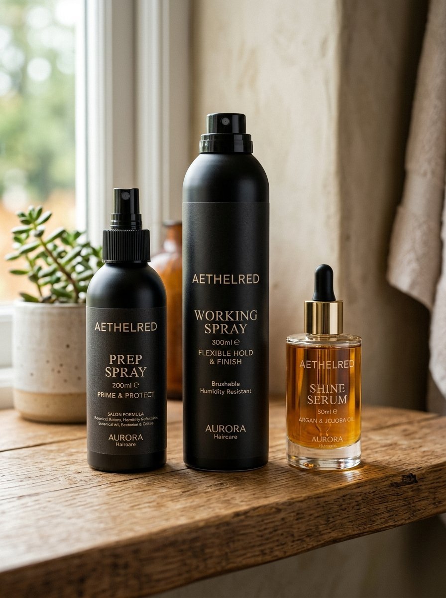 Prep spray, working spray, and shine serum bottles displayed on a rustic wood surface near a window.
