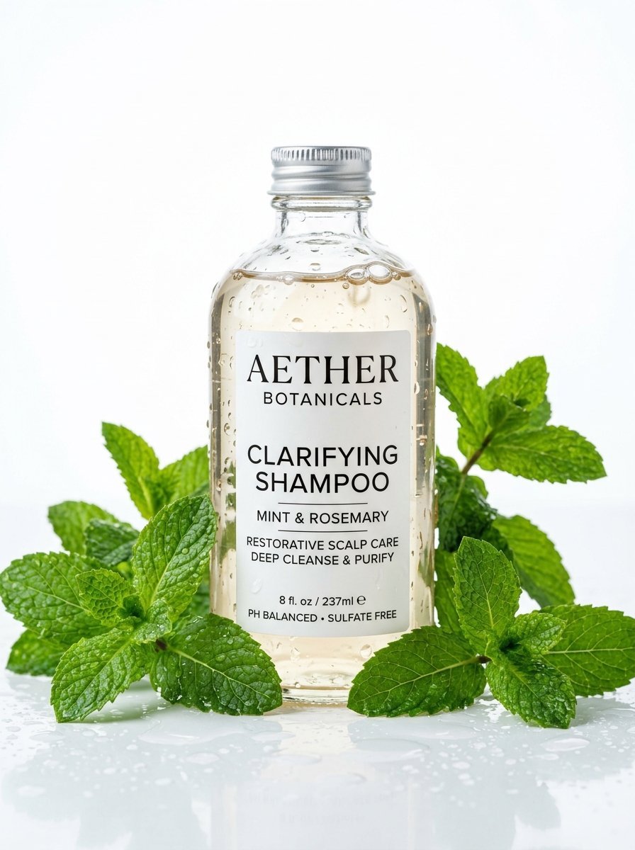 Clear shampoo bottle labeled Aether Botanicals surrounded by fresh green mint leaves on a wet surface.