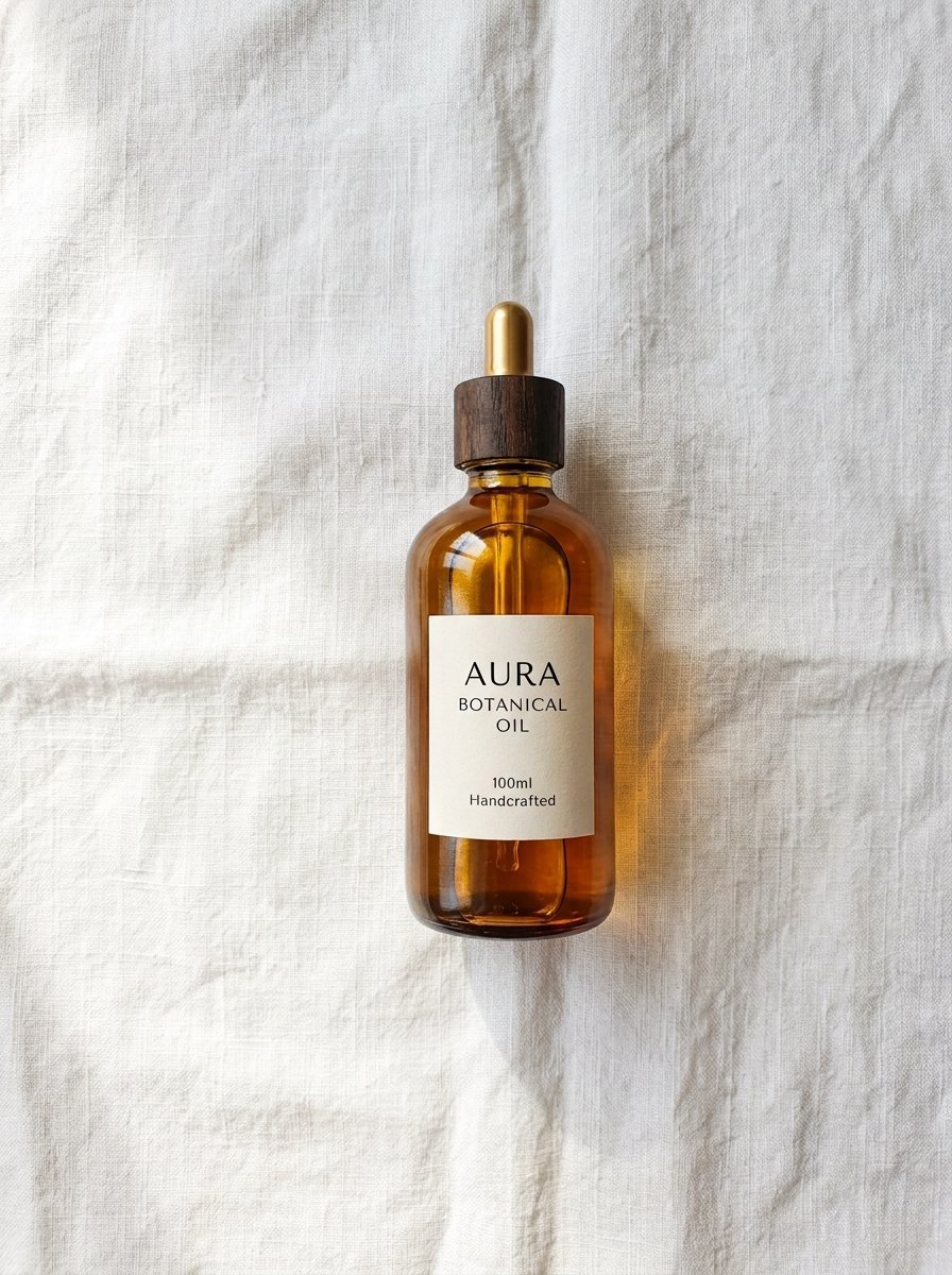 Handcrafted aura botanical oil serum in an amber glass container on white linen fabric.