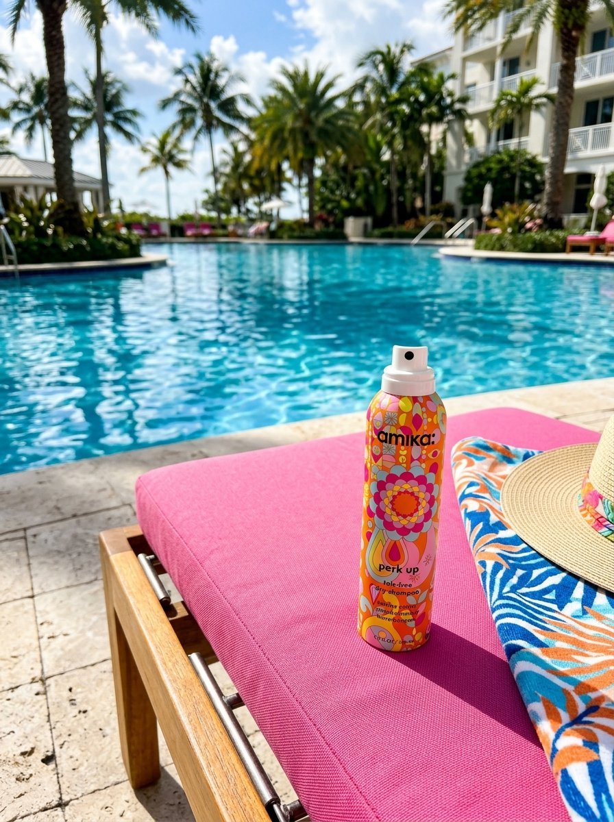 Colorful Amika Perk Up dry shampoo can sitting on a pink pool chair next to a straw hat.