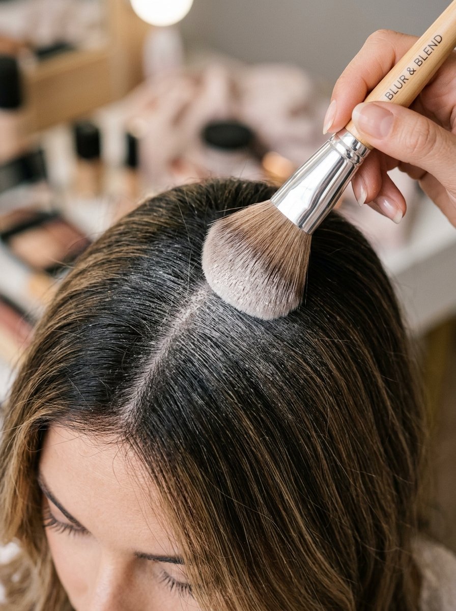 Close up of a hand using a blur and blend makeup brush to apply white powder to the roots of brown hair.