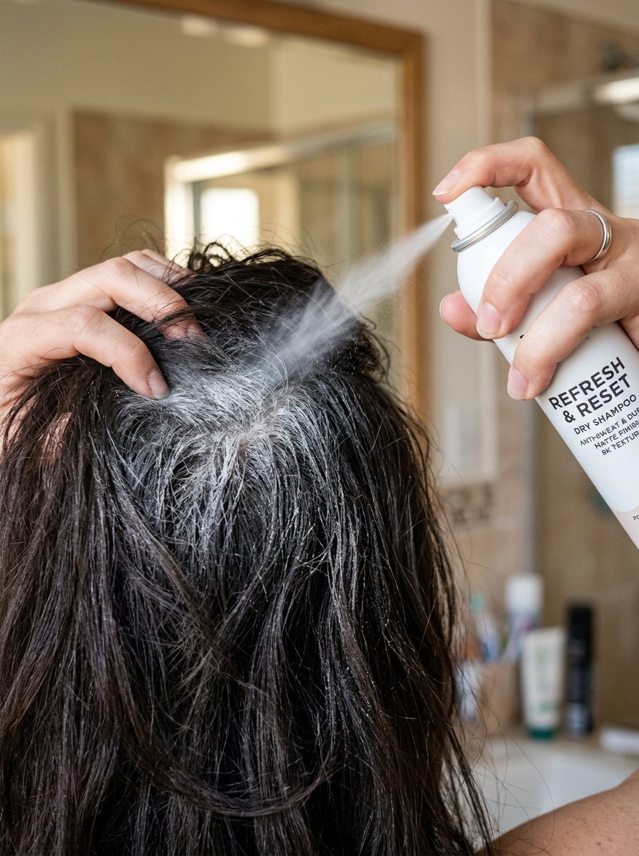 Close-up of a hand spraying white dry shampoo mist onto dark hair roots in a bathroom mirror reflection.