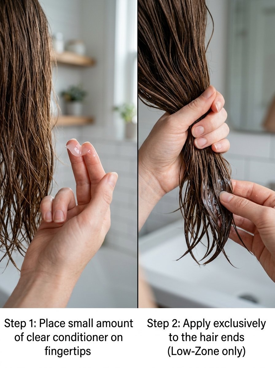 Split screen image showing conditioner on fingertips and then applied to wet hair tips.
