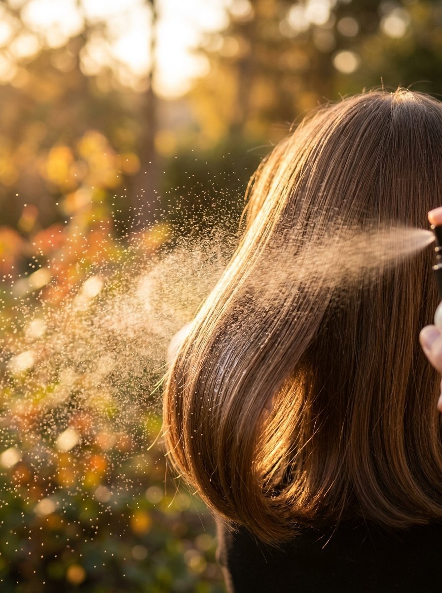 Close-up of a person applying hairspray to their long brown hair in golden hour sunlight.