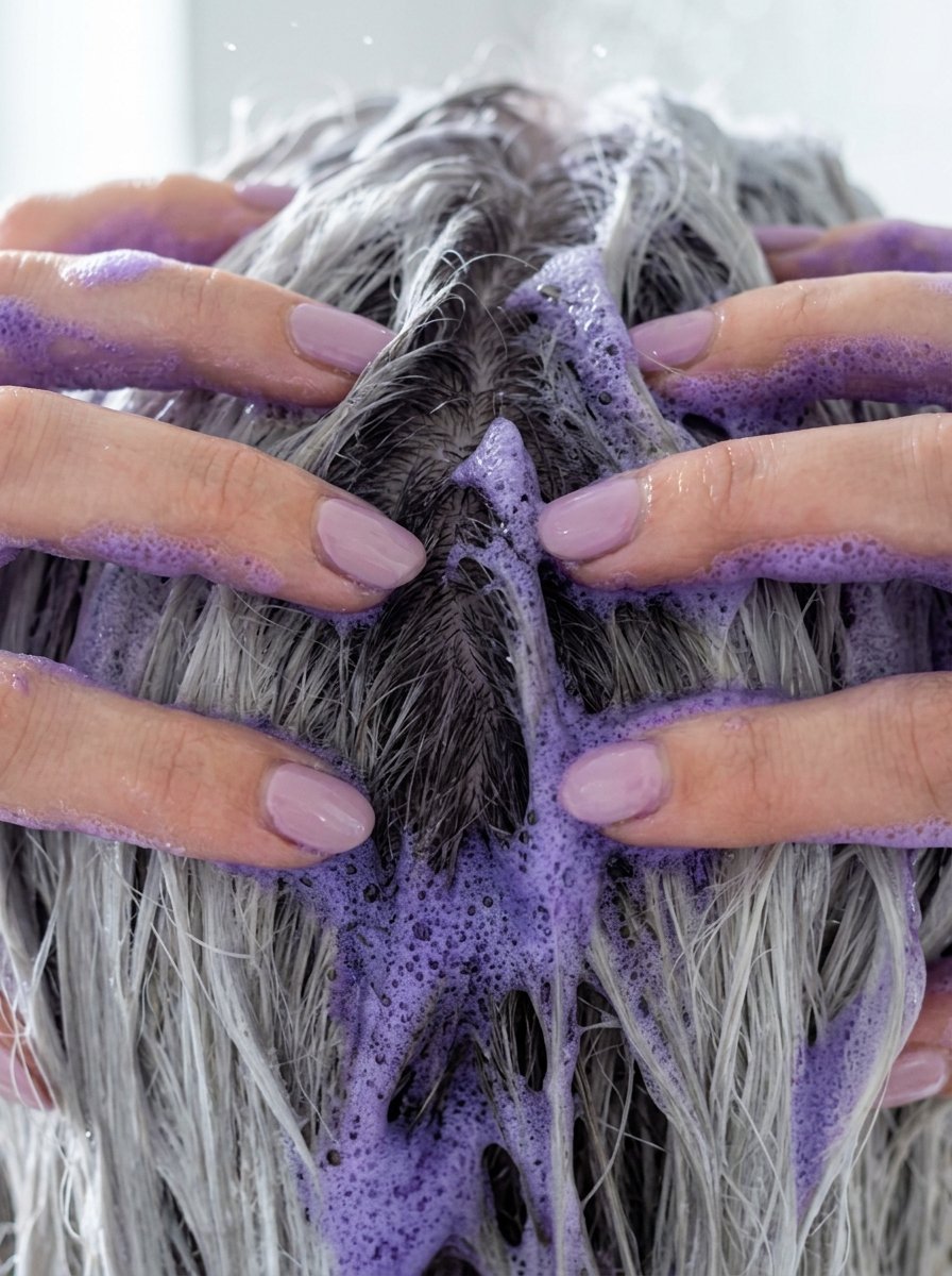 Close up of fingers with light pink nails massaging purple foam into thick, light grey bleached hair.