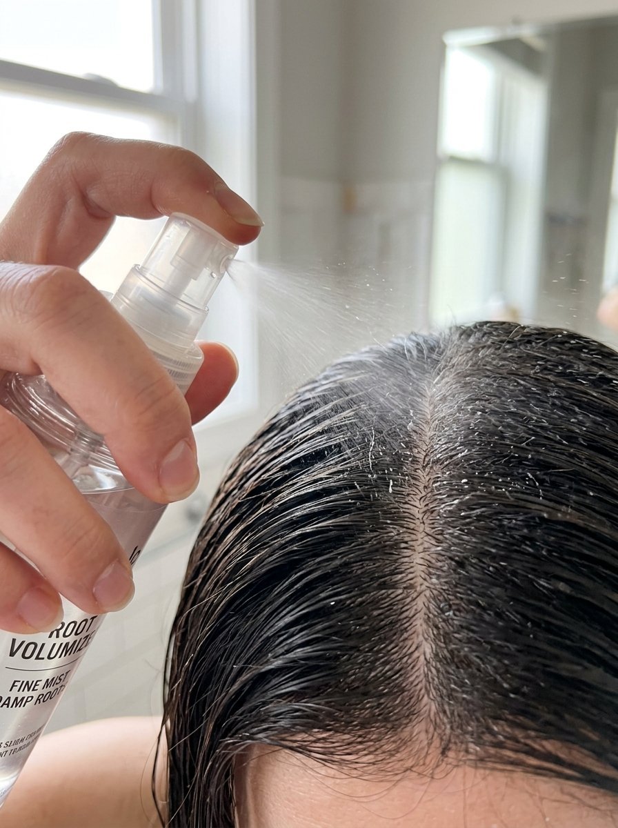 Close up of a hand holding a clear spray bottle misting hair product onto a wet scalp.