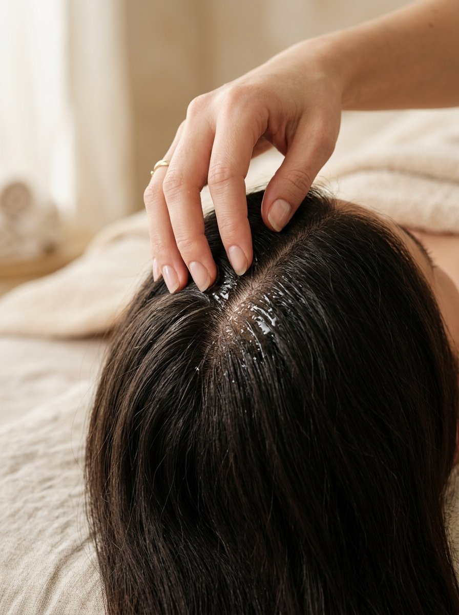 Close-up of a person gently massaging a clear treatment serum into dark hair at a spa.