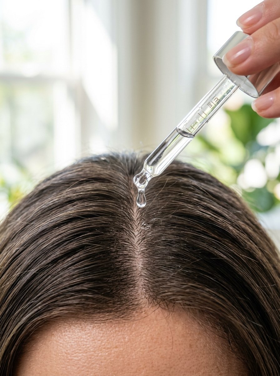 Close-up of a glass pipette applying a single drop of liquid hair oil onto the scalp of a person with brown hair.
