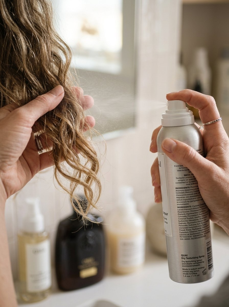 Close up of hands spraying hair product onto wavy blonde hair in a bathroom.