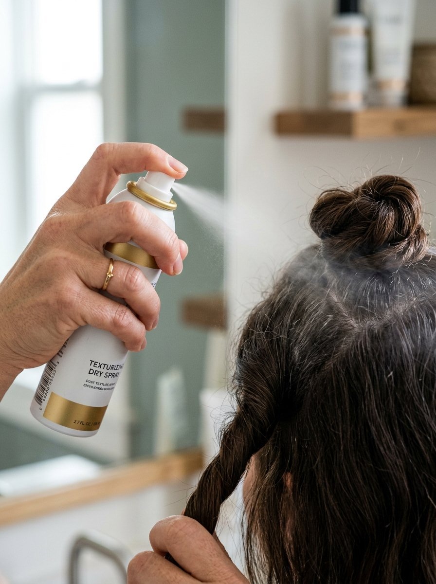 Close up of a hand holding a white bottle and misting dry spray onto brunette hair styled in a half-up bun.