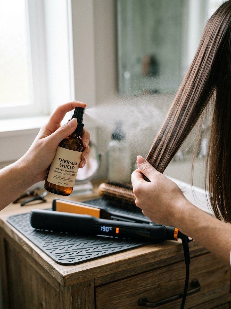 Close up of hands misting thermal shield spray onto a strand of brown hair near a digital hair straightener.