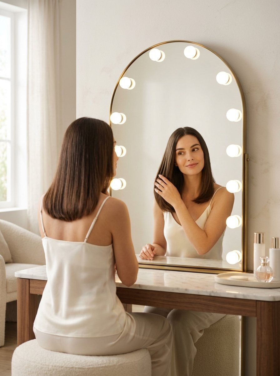 A woman in a silk camisole checking her hair in a gold-framed arched vanity mirror with globe bulbs.