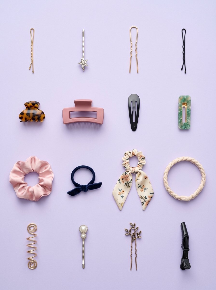 Top-down view of hair accessories including pins, clips, and scrunchies arranged in a grid on a light purple background.