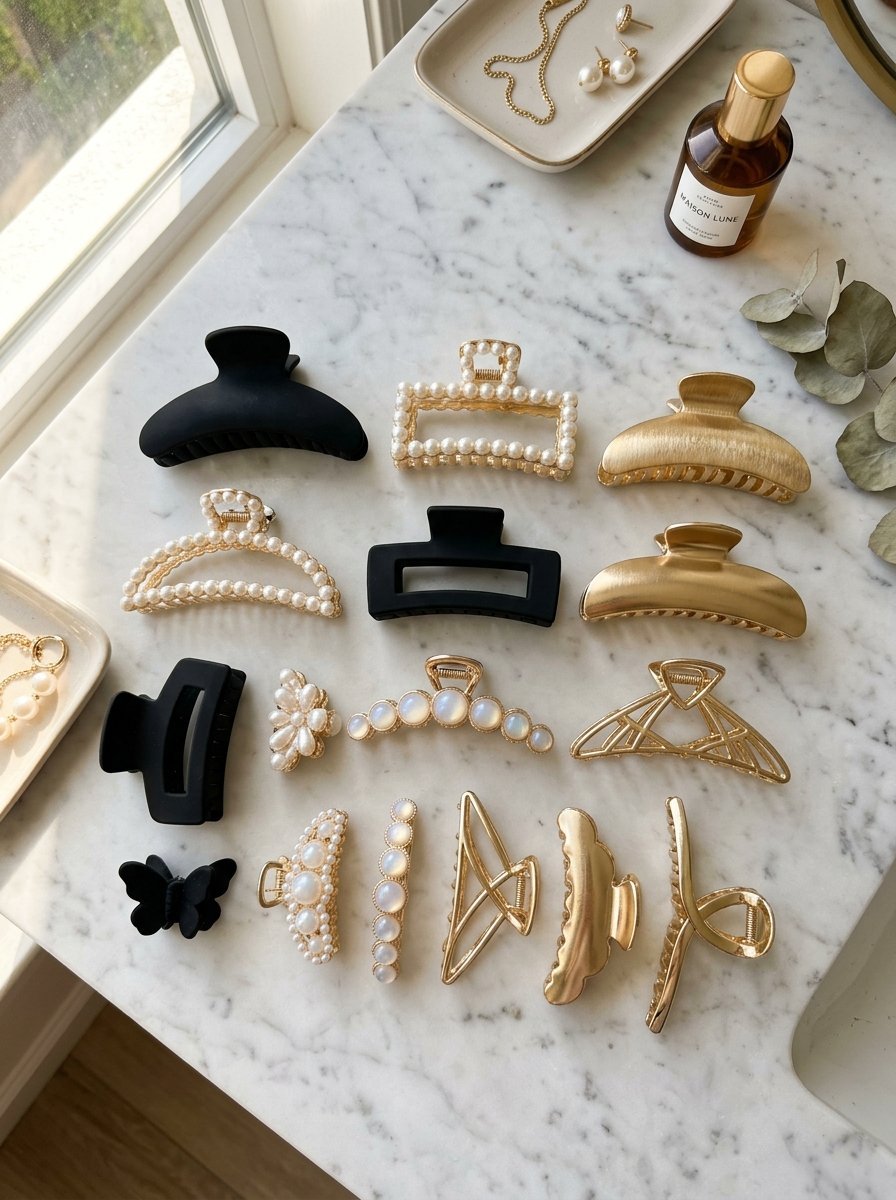 A variety of stylish hair claw clips in matte black, gold metal, and pearl designs displayed on a marble countertop.