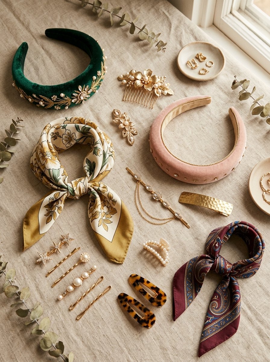 Top-down view of velvet headbands, floral scarves, and gold hair accessories laid out on a linen surface.