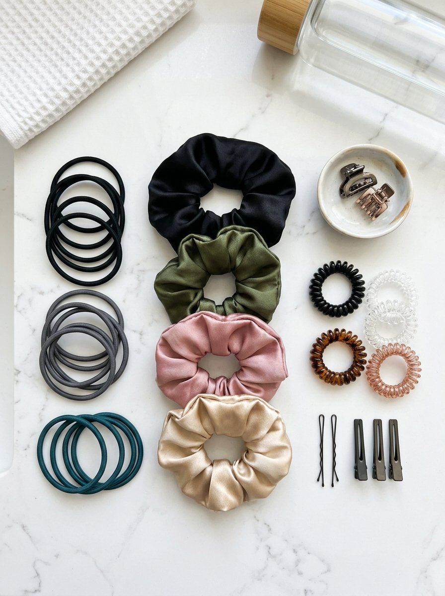 Top-down view of satin scrunchies, elastic bands, spiral ties, and hair clips organized on a marble surface.