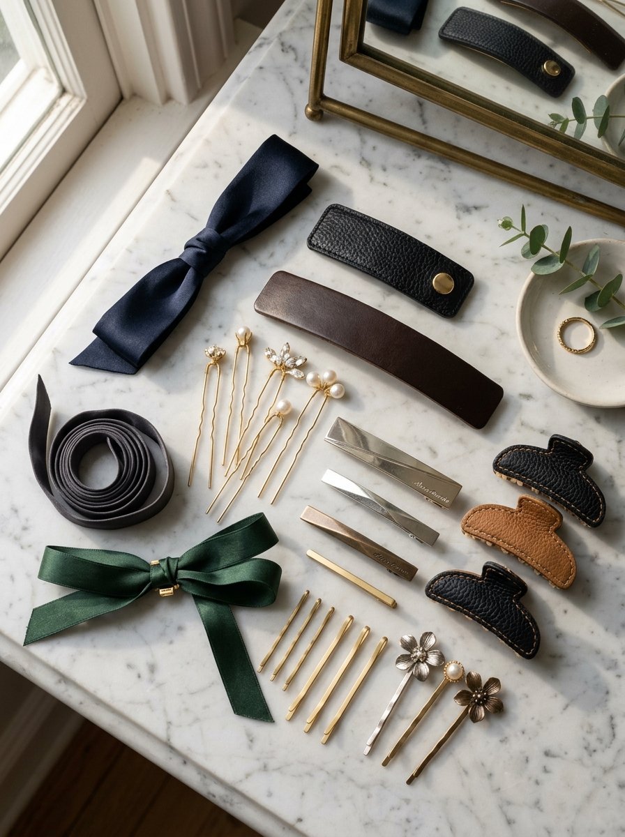 Top view of various hair accessories including ribbons, leather clips, pearl pins, and metal barrettes on a marble surface.