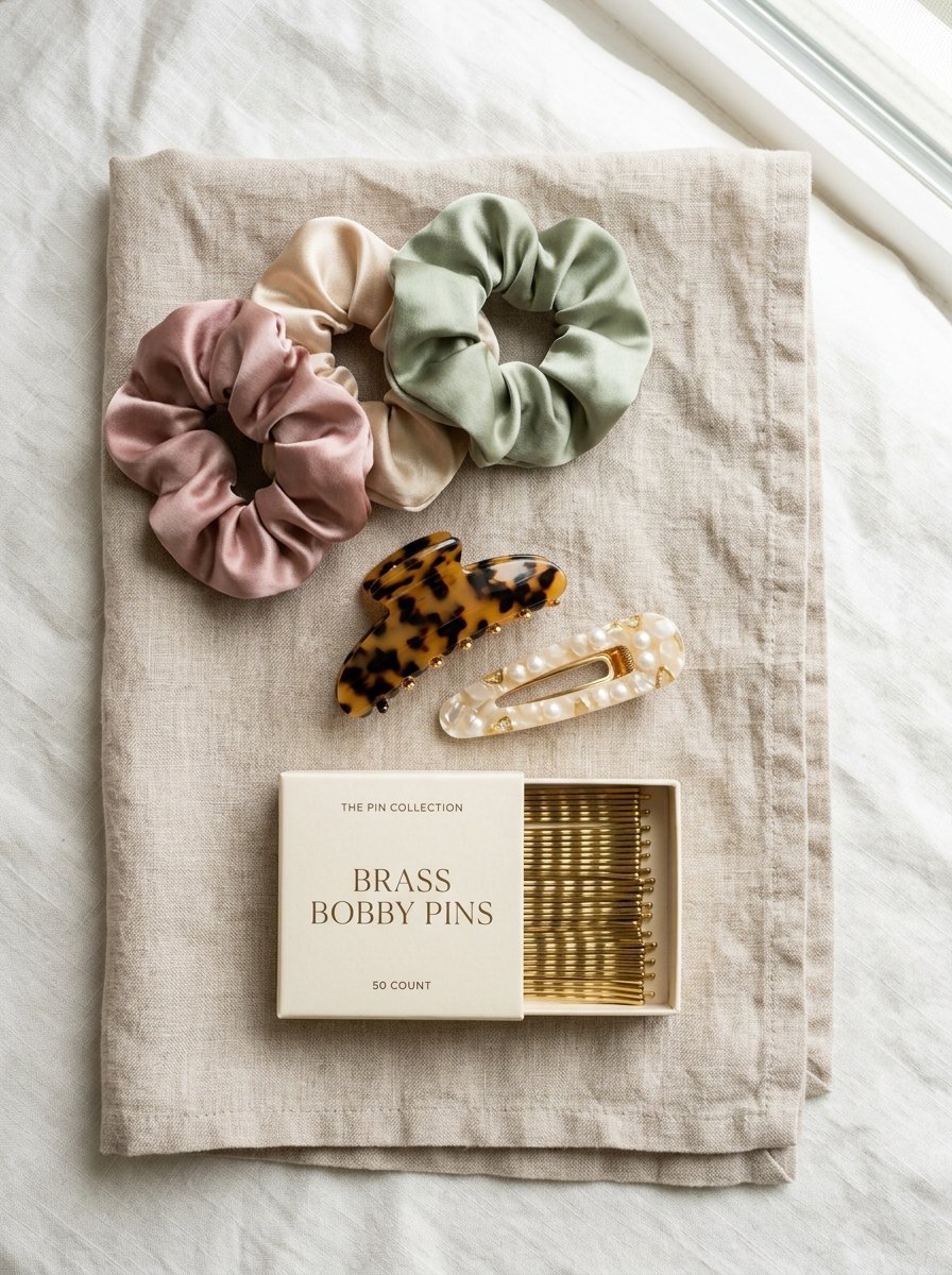 Three silk scrunchies, a tortoiseshell claw clip, a pearl hair barrette, and a box of brass bobby pins on beige linen.