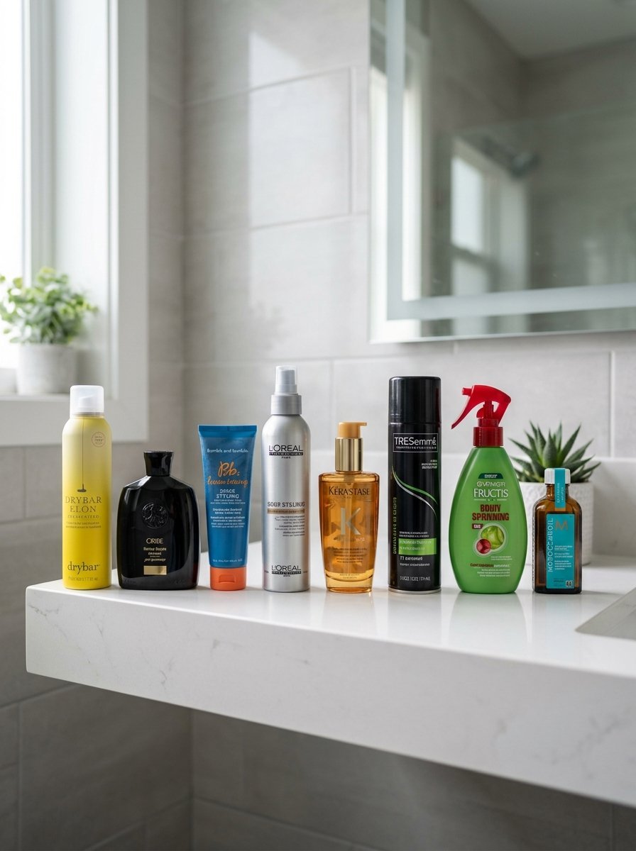 Row of various salon-quality hair sprays, oils, and styling creams sitting on a white bathroom marble countertop.