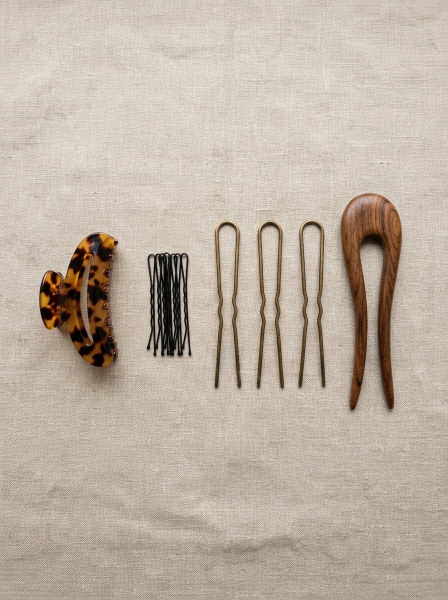 Tortoiseshell claw clip, black bobby pins, three brass U-pins, and a curved wooden hair fork on linen.