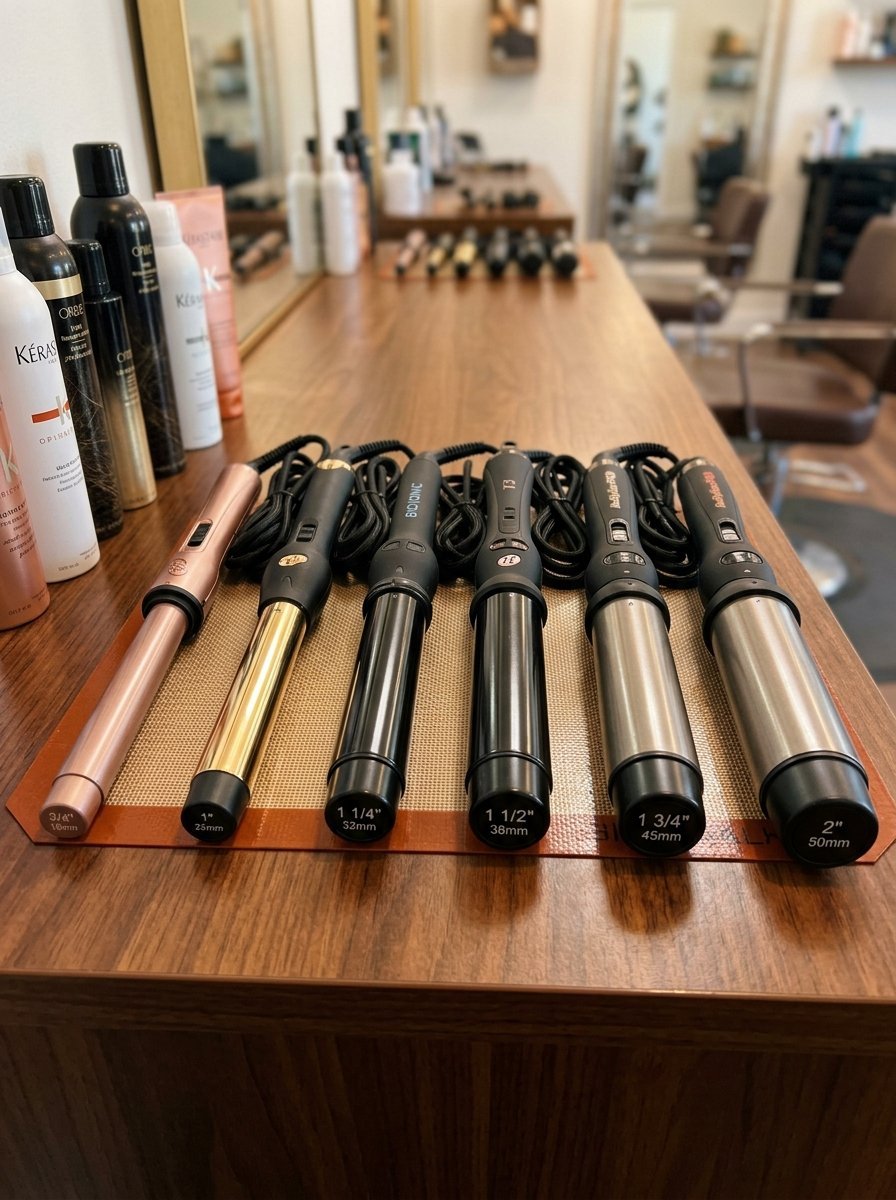 Row of six professional hair styling wands with various barrel diameters resting on a silicone heat-resistant mat.