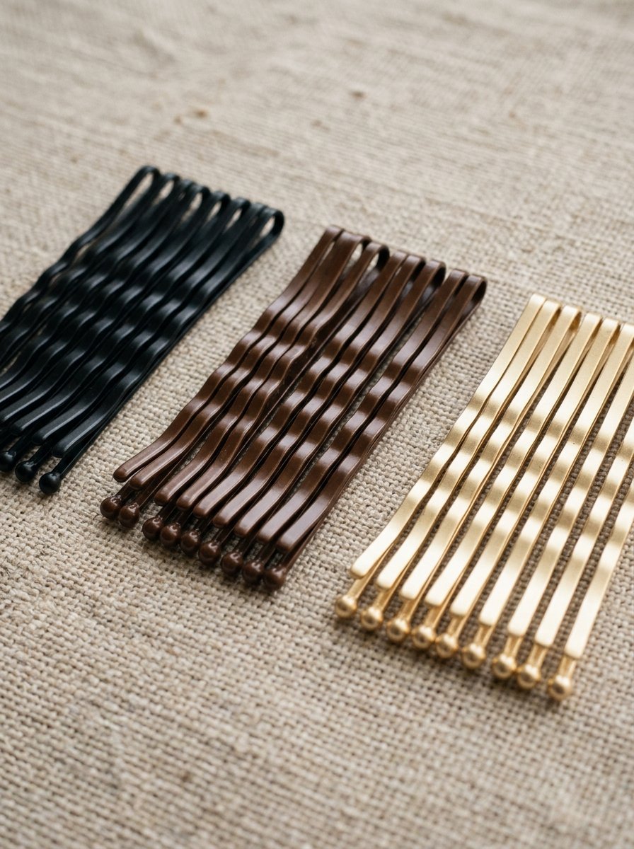 Close up of three color-coordinated rows of metallic hair pins lying on a textured light brown fabric surface.