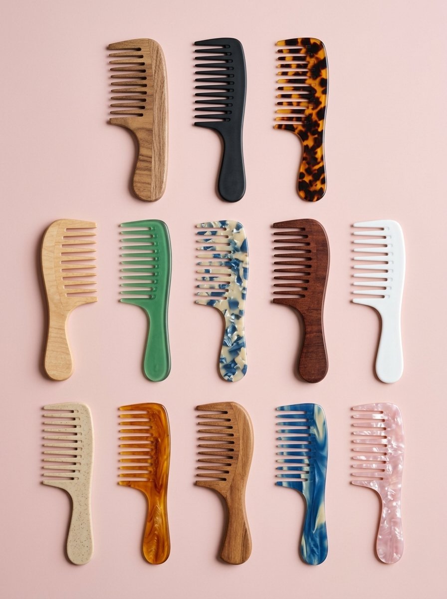 Thirteen hair combs in various materials like wood, matte plastic, and marbled resin shown in a grid.