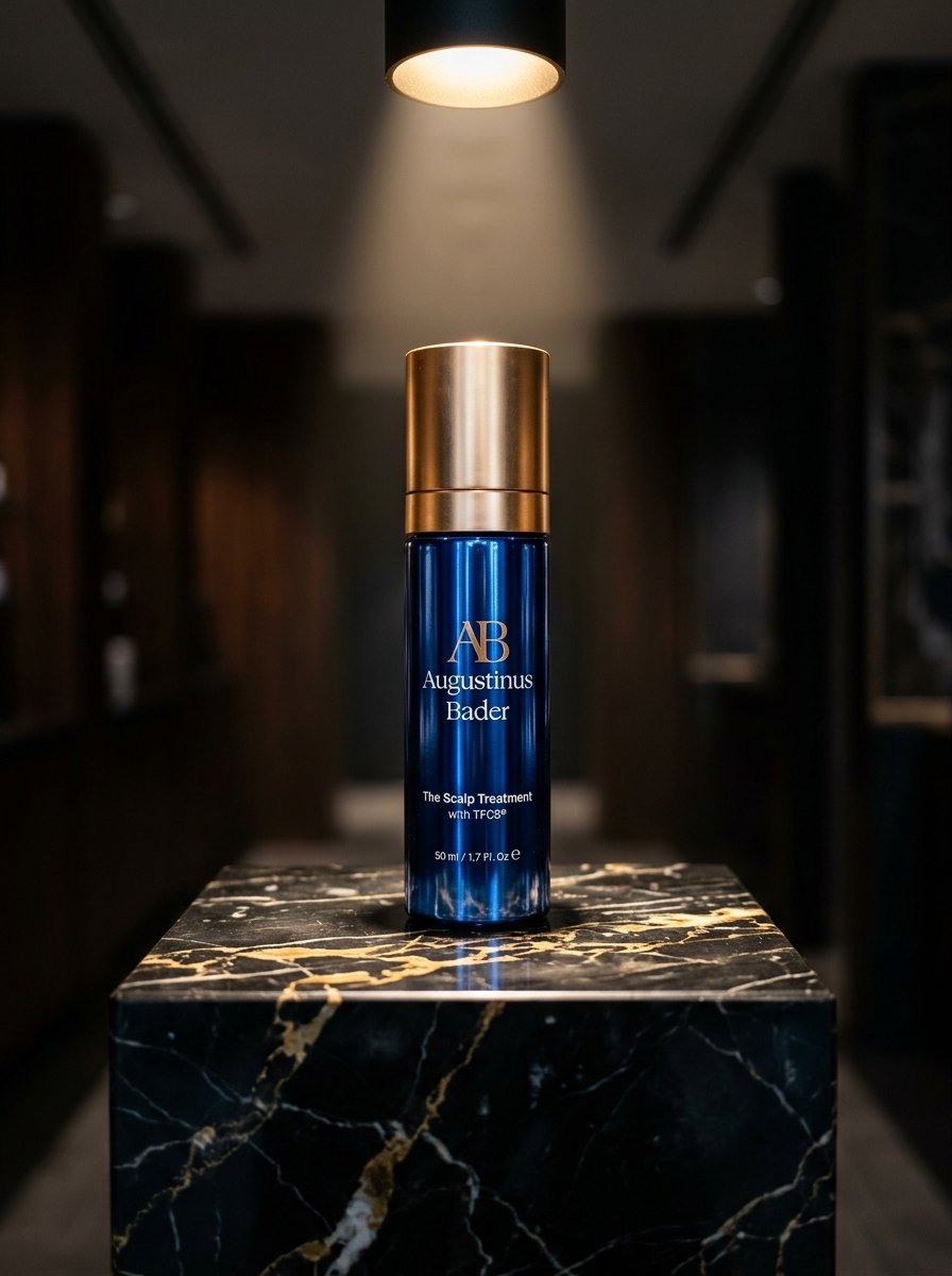 A blue and gold Augustinus Bader hair serum bottle standing on a black and gold marble pedestal in a dark room.