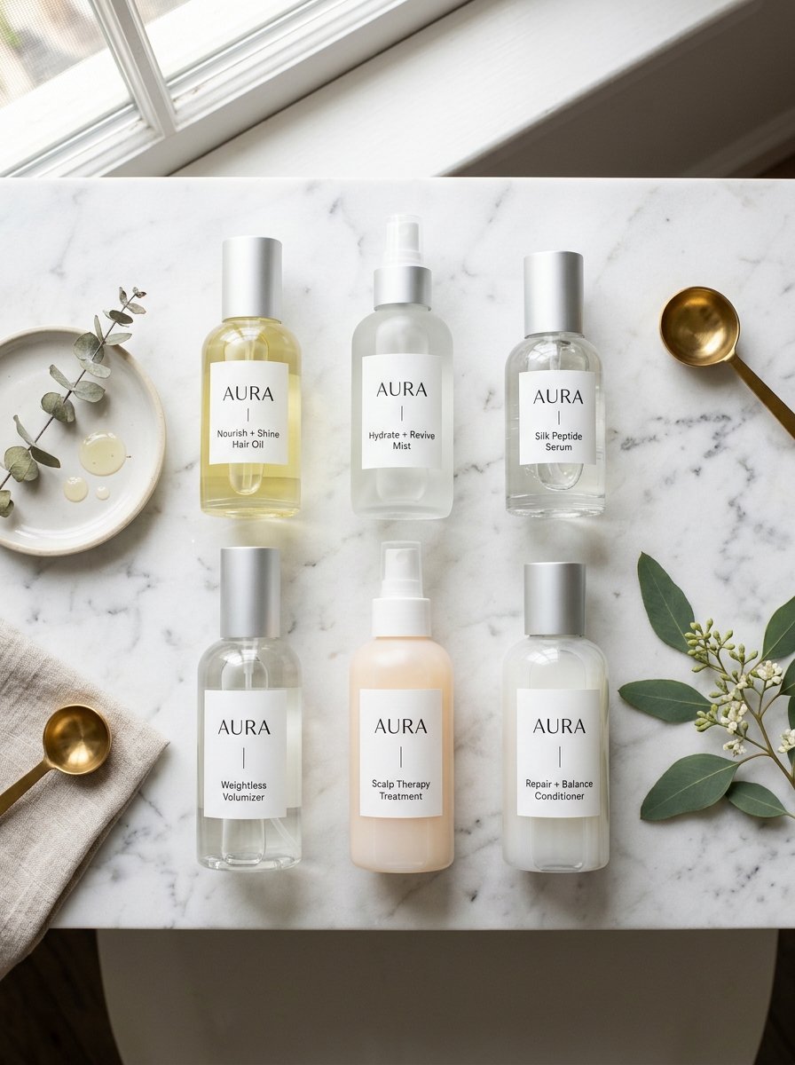Top-down view of six labeled Aura hair treatment bottles with eucalyptus and gold measuring spoons on a marble surface.