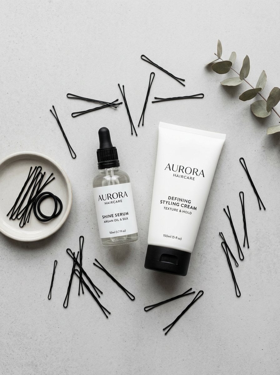 Top-down view of hair styling products and bobby pins arranged on a light grey textured surface.