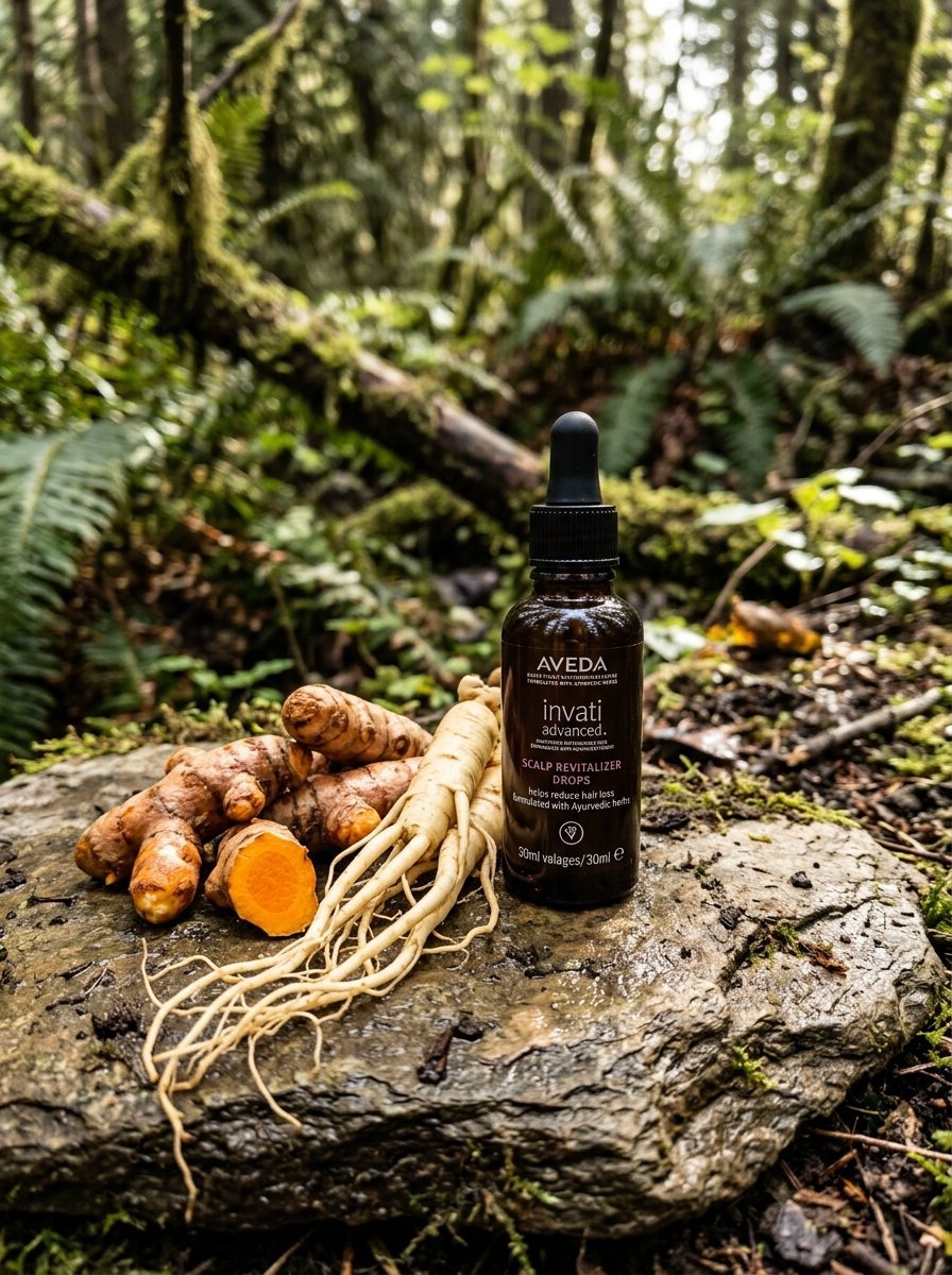 Bottle of Aveda hair serum sitting on a forest rock next to raw turmeric and ginseng roots.