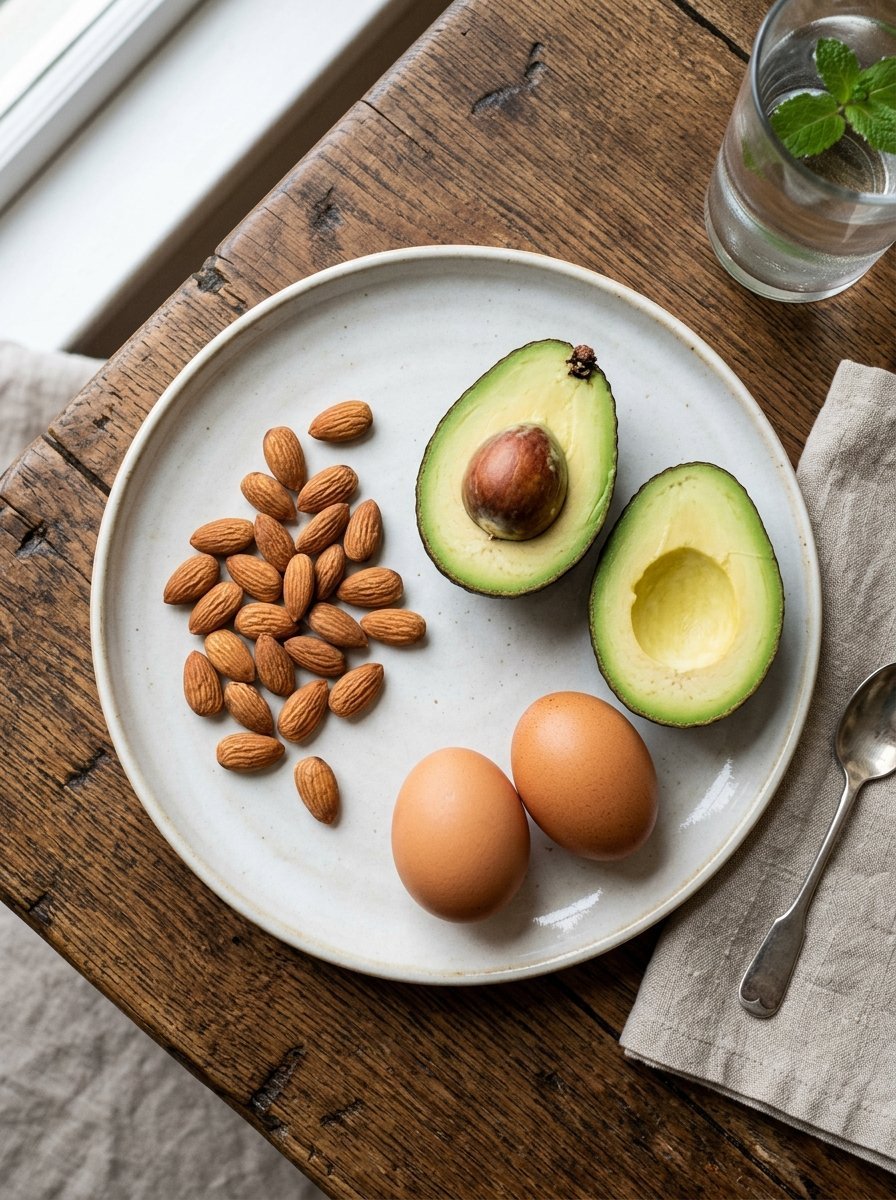 A white plate holds two raw brown eggs, a halved avocado, and a pile of raw almonds on a rustic wooden table.