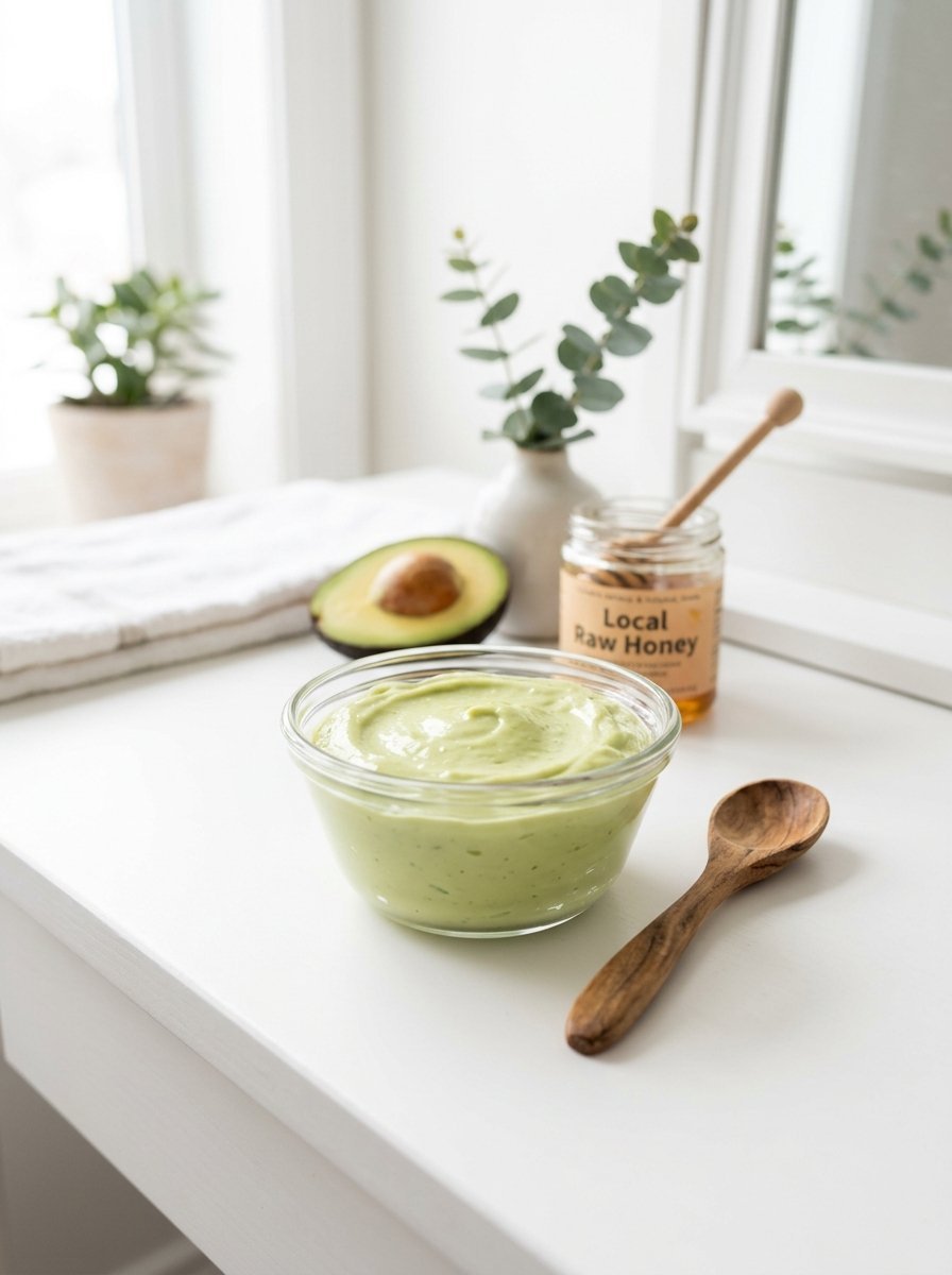 A glass bowl of green avocado mask sits next to a jar of local raw honey and a wooden spoon on a white vanity.