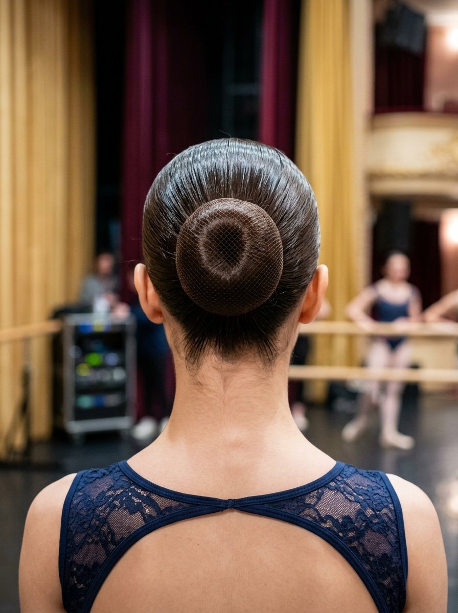 Close-up of a dancer with hair in a smooth bun held by a brown hairnet inside a dance studio