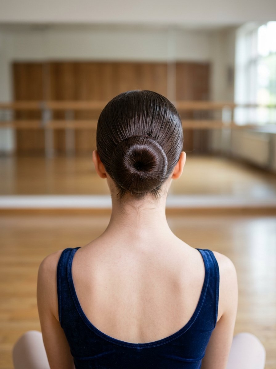 Back view of a dancer wearing a blue leotard and a polished hair bun in a dance studio.