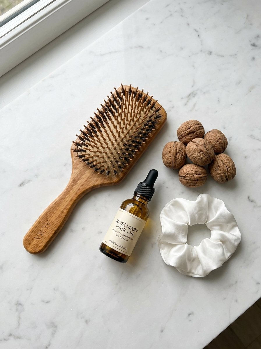 Top view of a bamboo hair brush, rosemary essential oil, a white scrunchie, and whole walnuts on a marble surface.