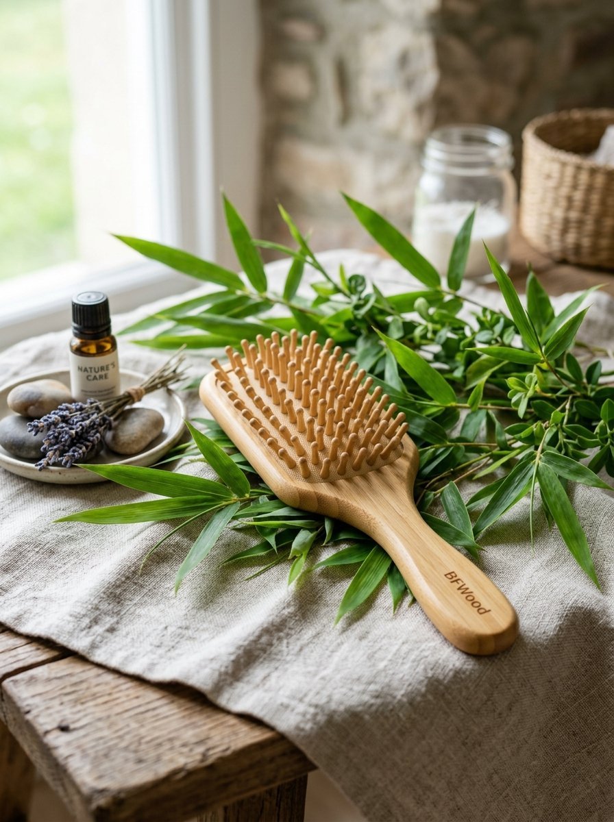 Eco-friendly wooden hair brush with bamboo bristles placed on a linen cloth surrounded by green leaves and essential oil.
