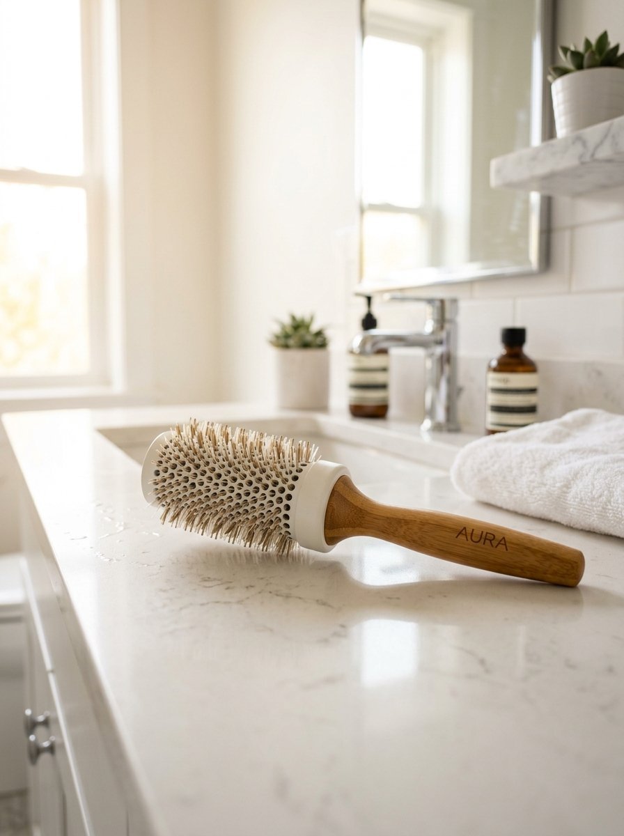 Round hair styling brush with a bamboo handle sitting on a white marble countertop near a soft towel.