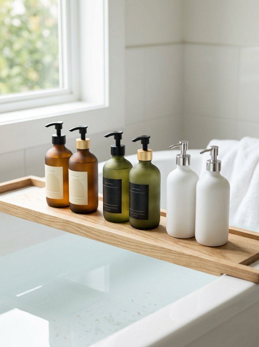 A row of glass and ceramic pump bottles sitting on a wood bath tray over a filled white tub.