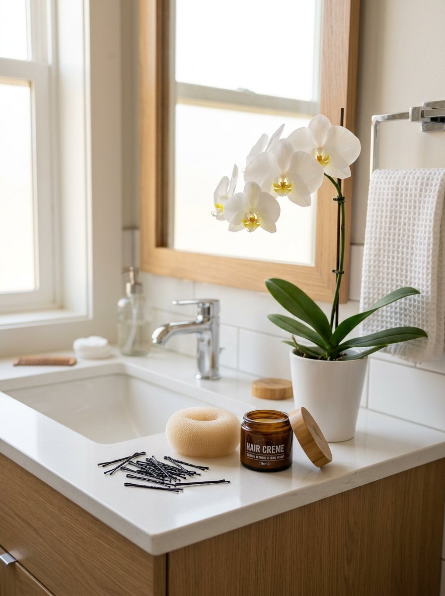 White orchid in a pot next to hair creme and bobby pins on a modern wood bathroom counter.