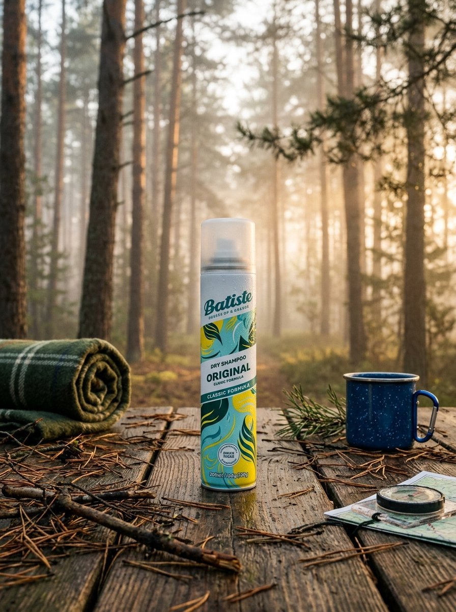 Batiste original dry shampoo spray bottle resting on a rustic forest picnic table with a mug and compass.