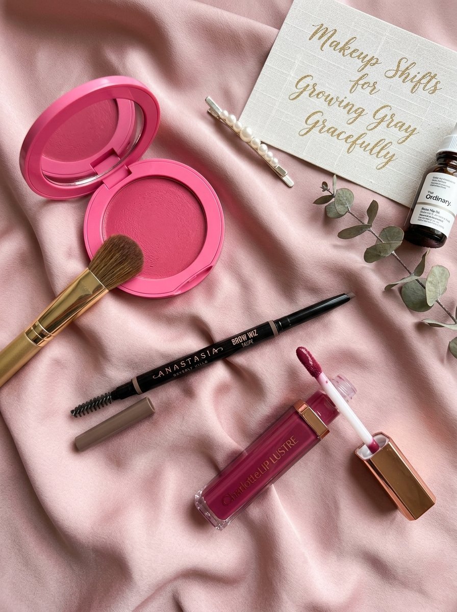 Flat lay of makeup including blush, lip gloss, brow pencil, and serum on pink satin fabric.