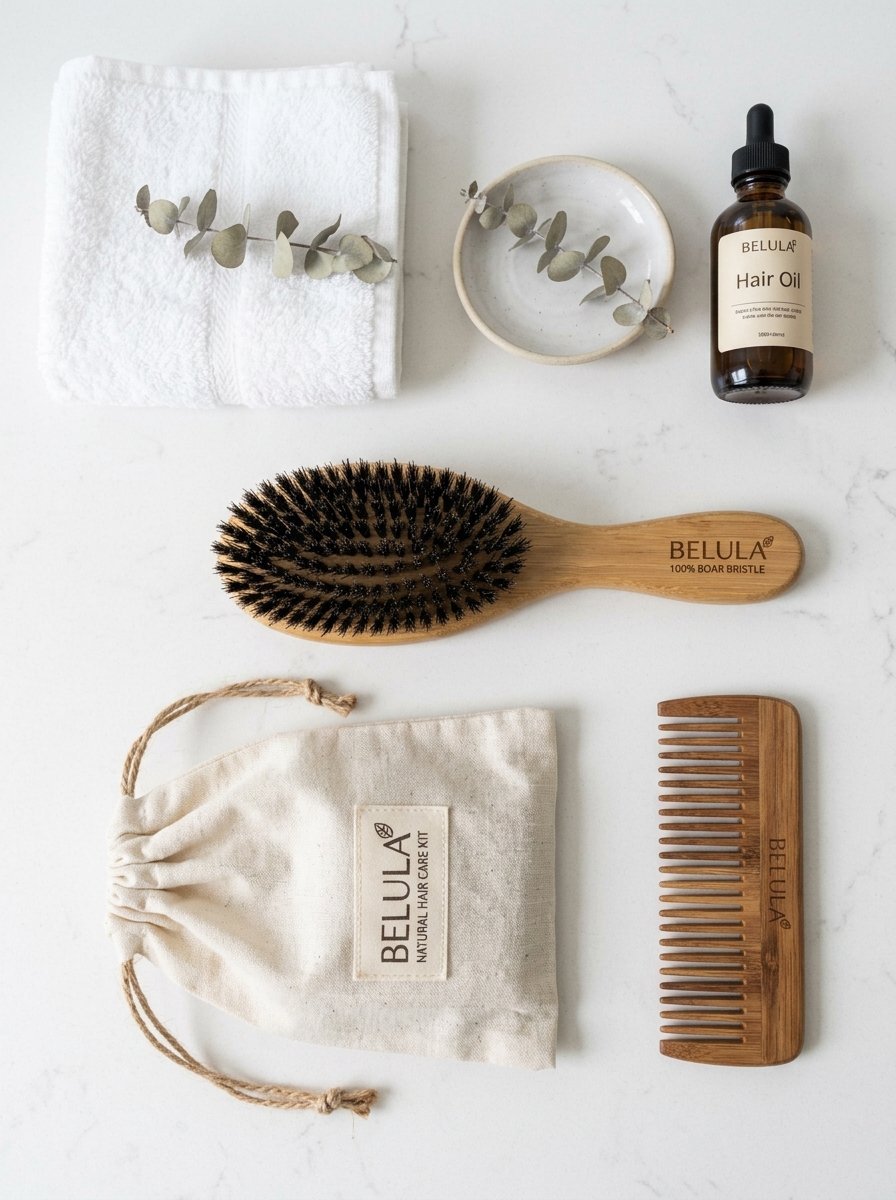 Flat lay of a Belula boar bristle brush, wooden comb, hair oil, and soft cloth on white marble.