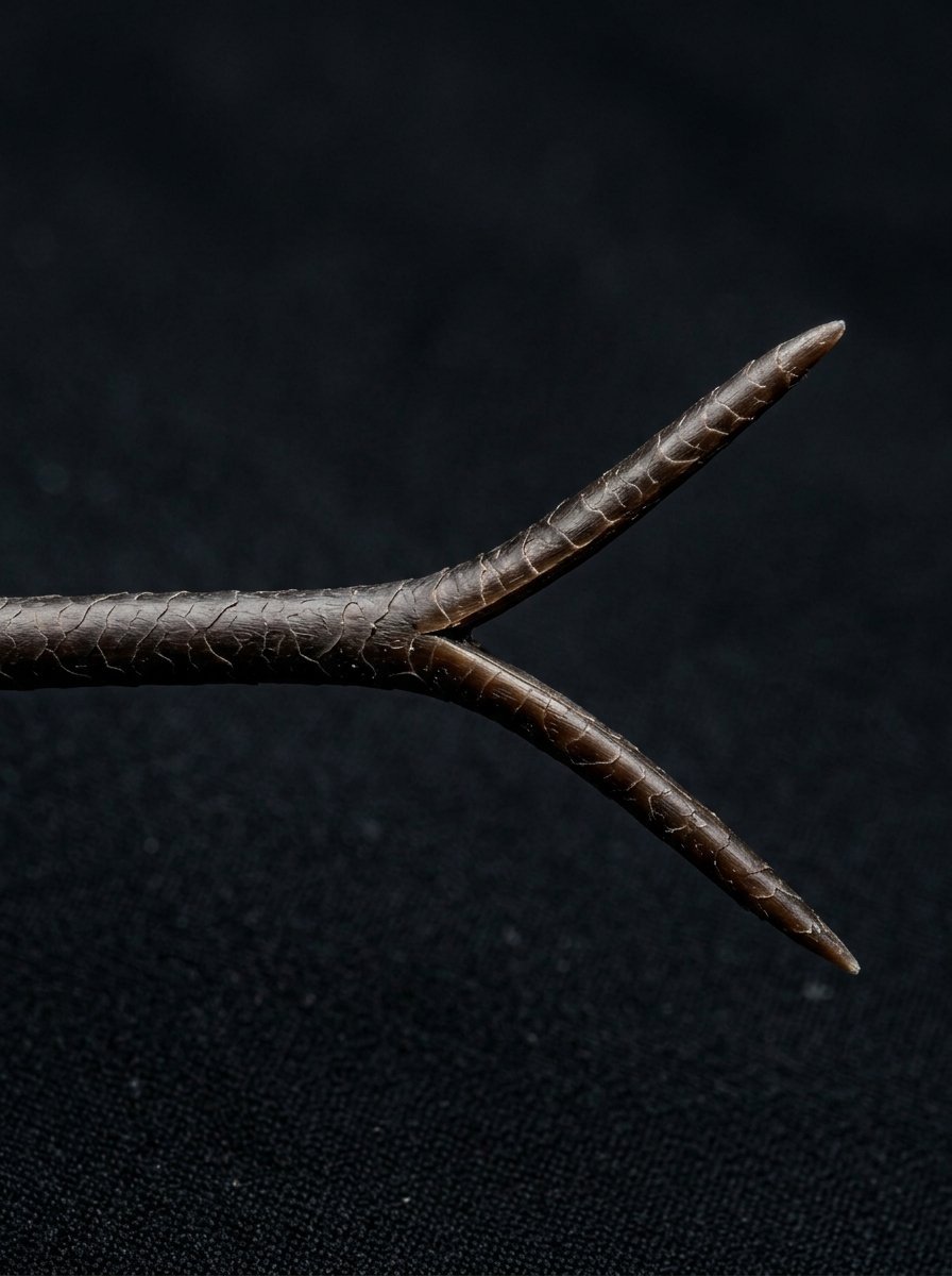 Macro shot of a split, pointed tail end showing fine skin texture against a black background.