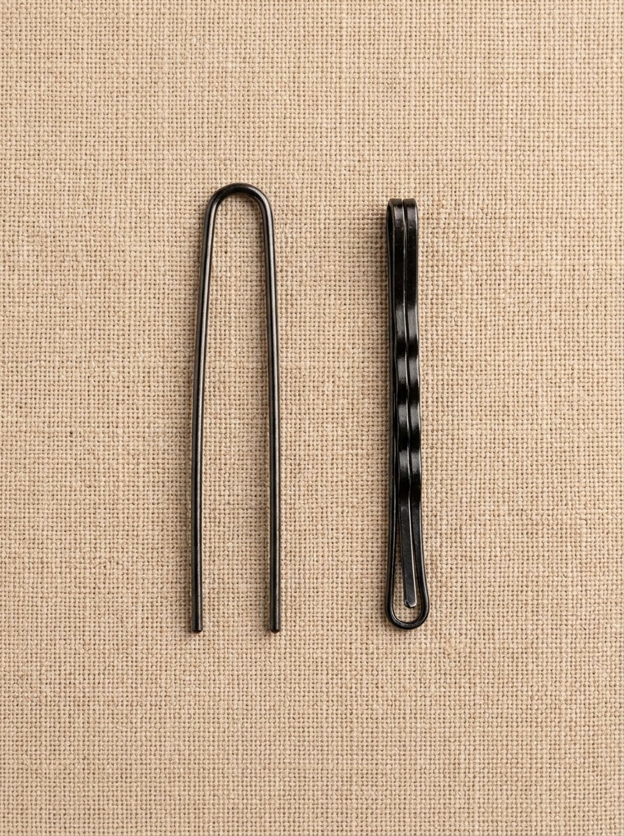 Close up of a black metal U-pin next to a wavy bobby pin on a tan fabric background.