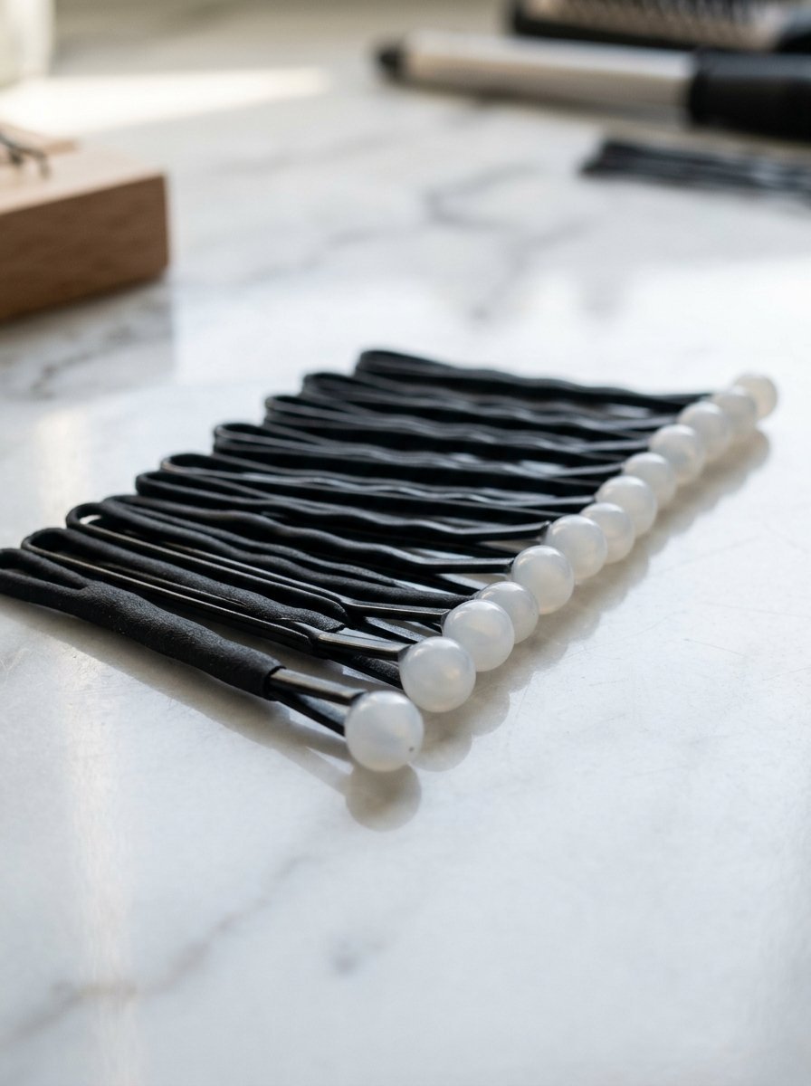 Close up of several black bobby pins with rounded white ends arranged on a white marble surface.