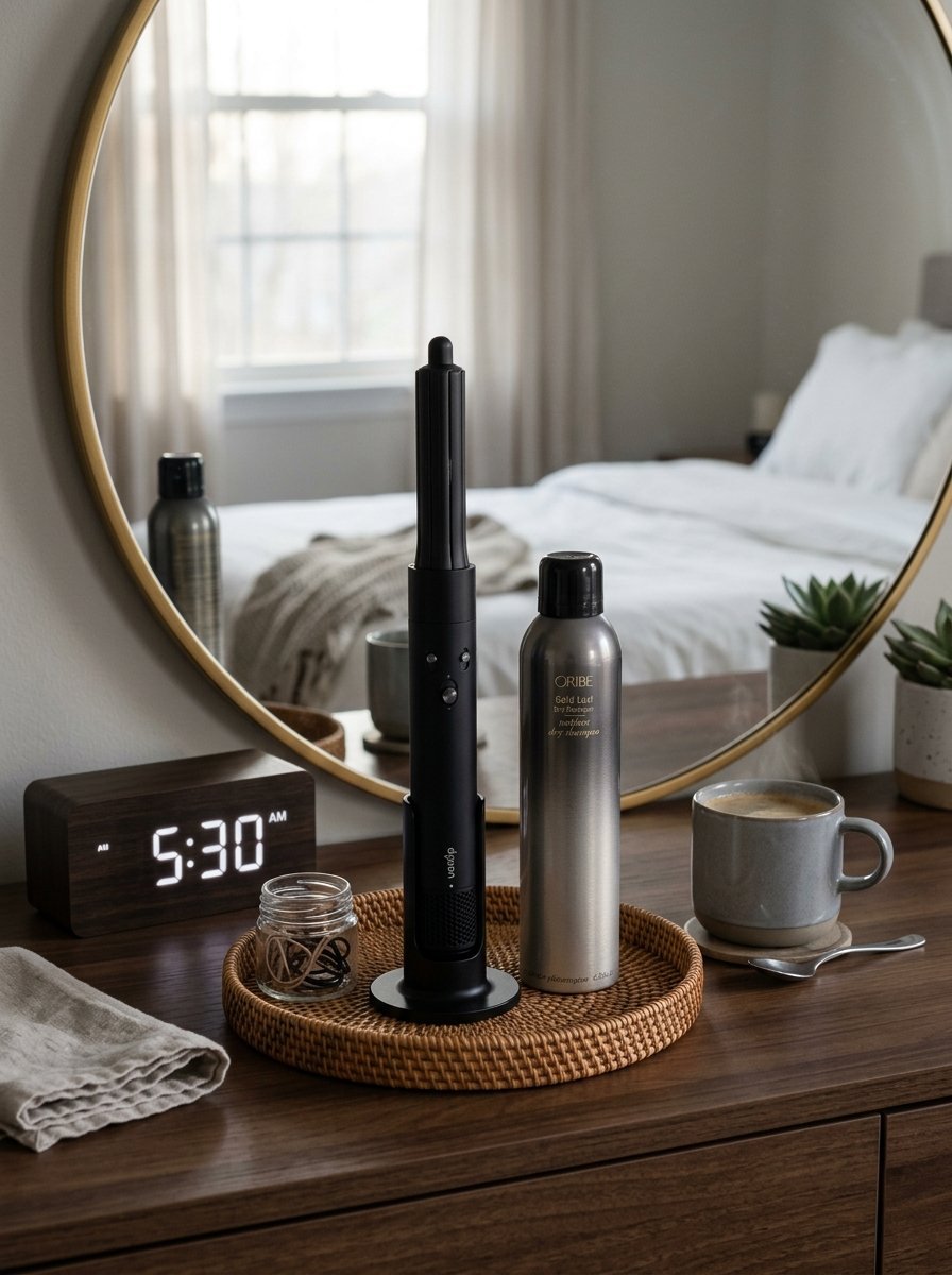 A black hair styling tool and a canister of dry shampoo sitting on a circular rattan tray on a wooden dresser.