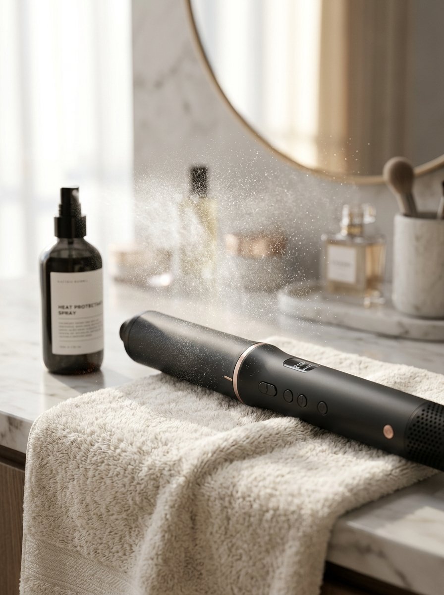 Modern black hair tool emitting a fine mist while sitting on a folded cream towel near a bottle of heat protectant spray.