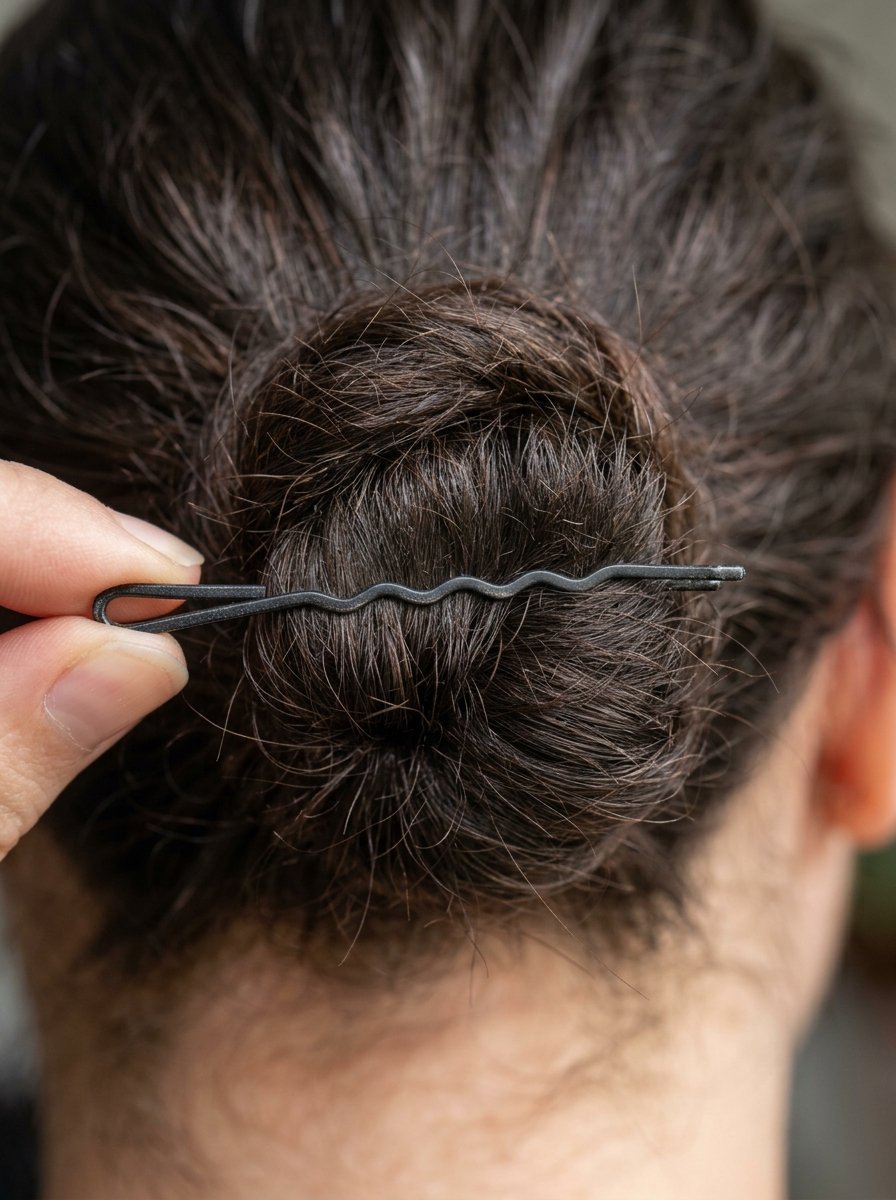 Close up of a hand inserting a black wavy bobby pin into a messy brunette hair bun.