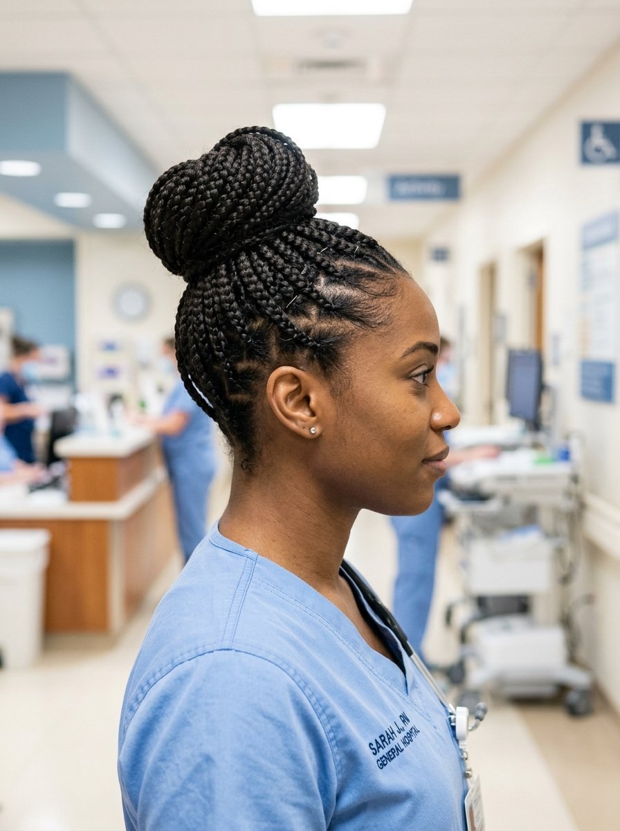 Profile view of a Black female nurse with braided hair in a bun wearing blue hospital uniform and stethoscope.